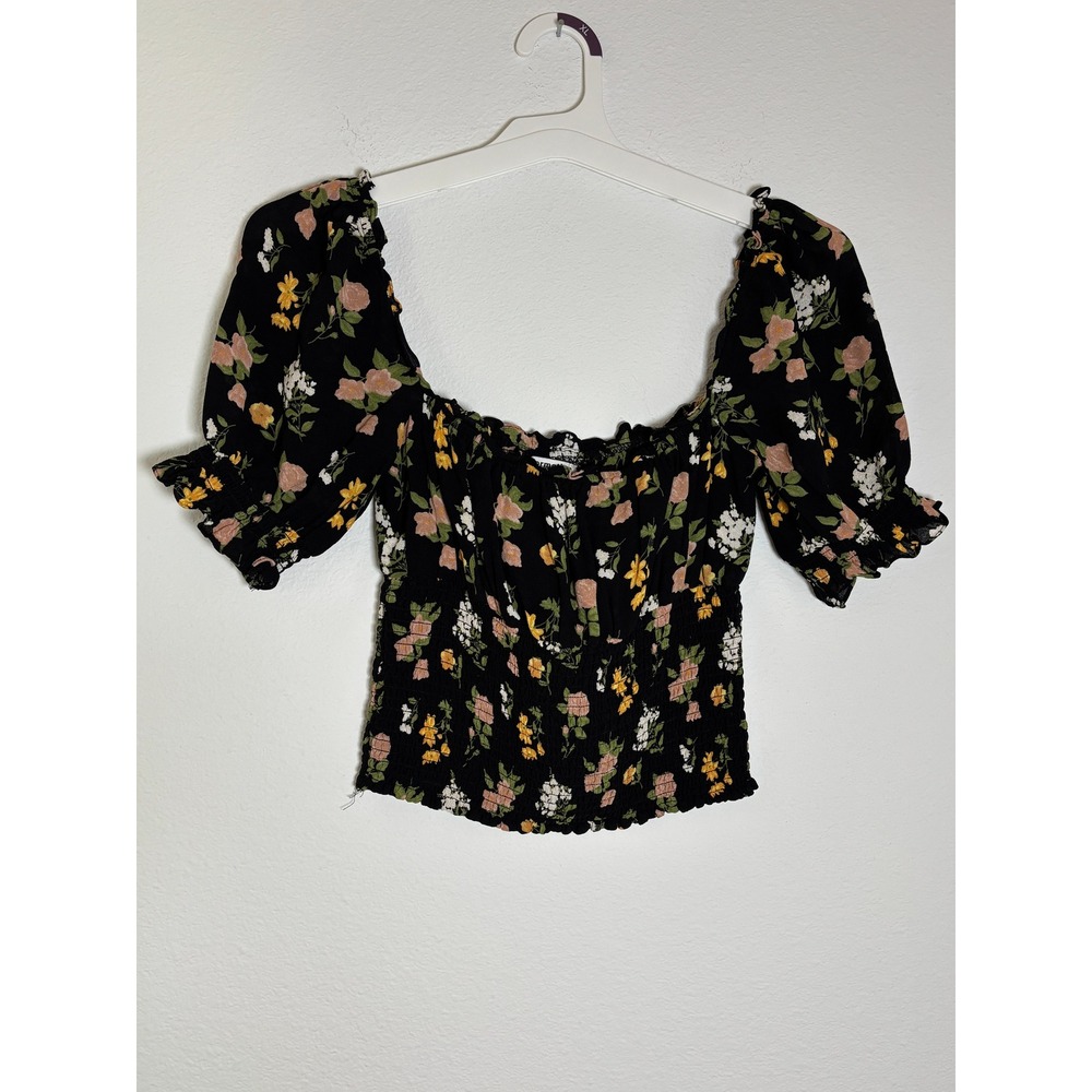 Reformation Black Floral Smocked Crop Top Puff Sleeve Square Neck Blouse Small